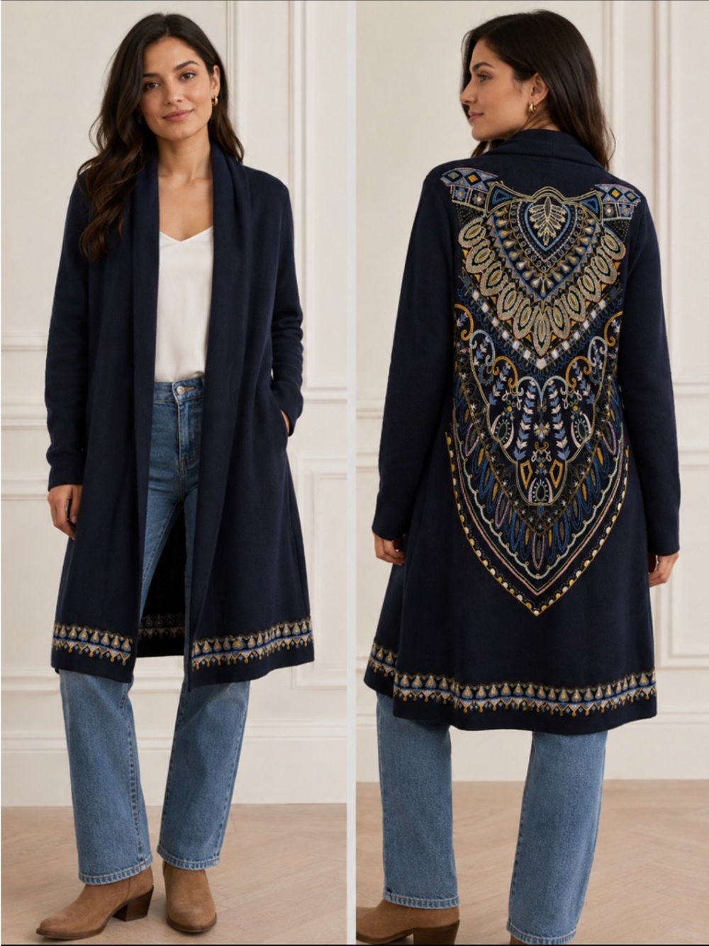 Soft Surroundings Navy Embroidered Long Duster Cardigan Sweater Size M Boho